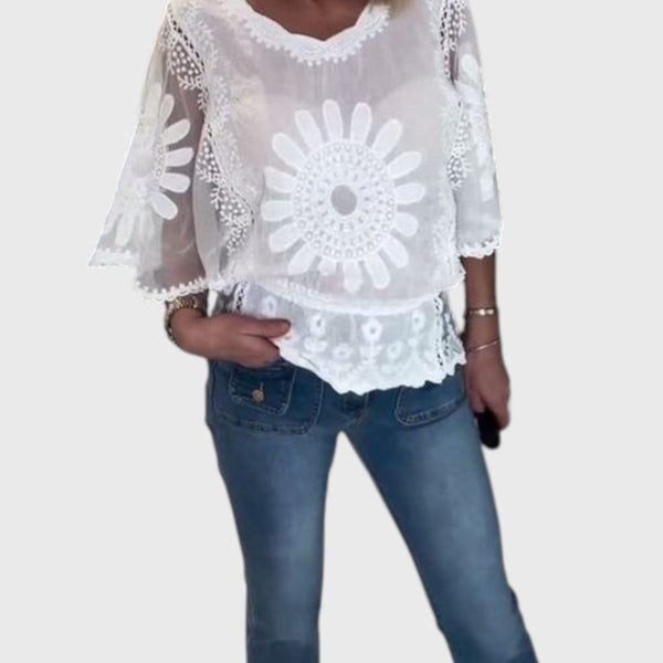 Embroidered Batwing Lace Blouse