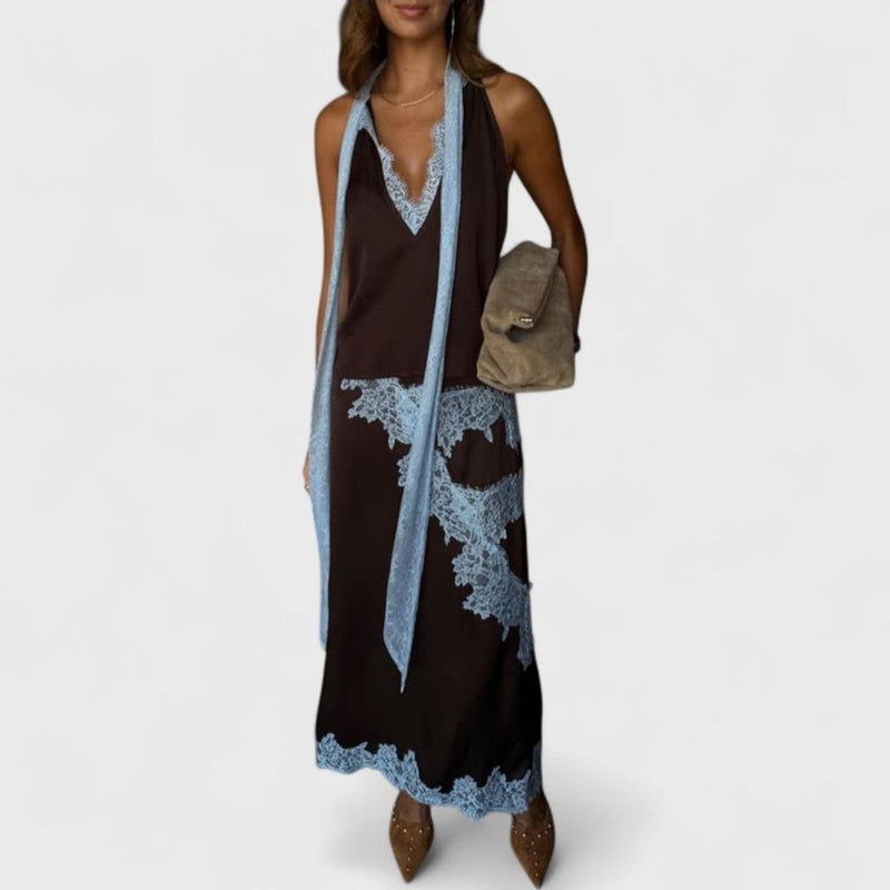 Amit Brown and Blue Lace Panel Skirt