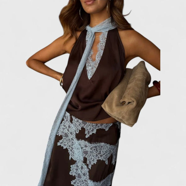 Amit Brown-Blue Lace Top