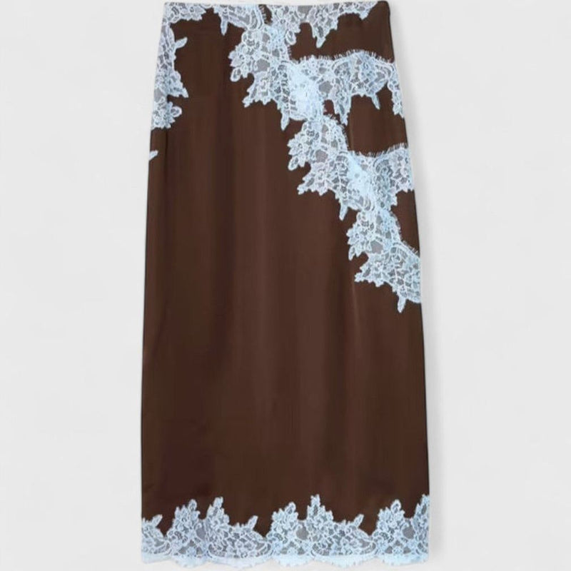 Amit Brown and Blue Lace Panel Skirt
